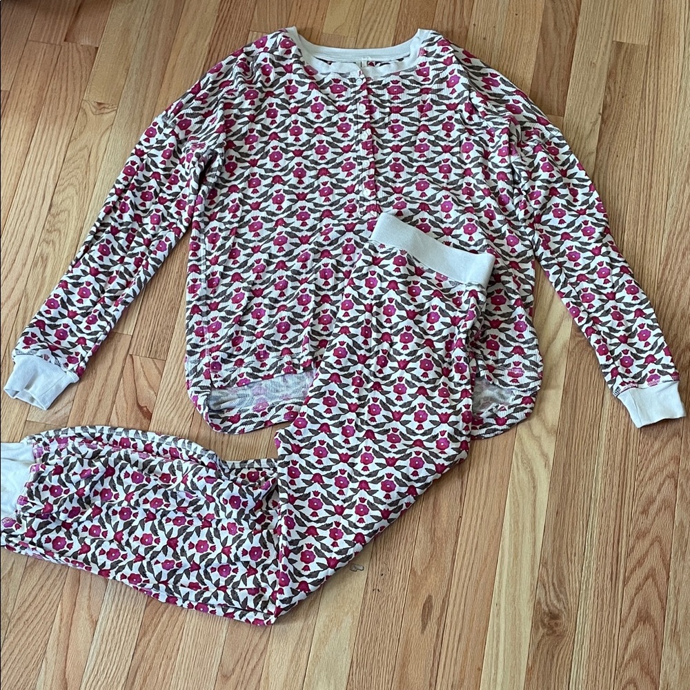 Anthropologie Waffle Knit Pajama Set Women Medium Pink White Ditsy Floral Henley